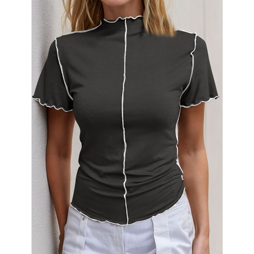 Mock Neck Black Tee with Contrast Trim